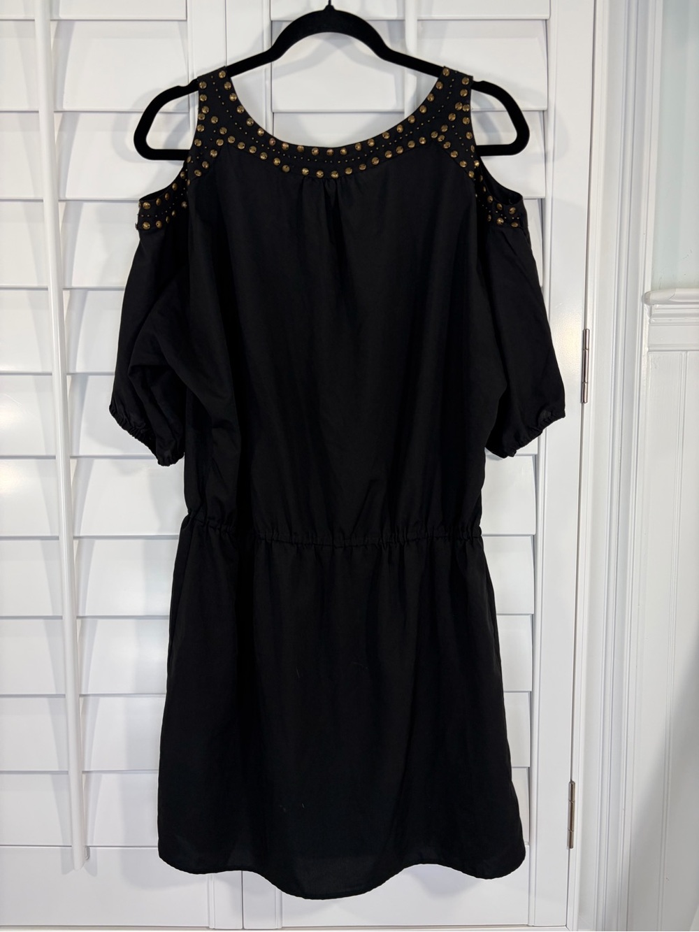 Angie Black Cold-Shoulder Dress with Gold Stud Accents (L)